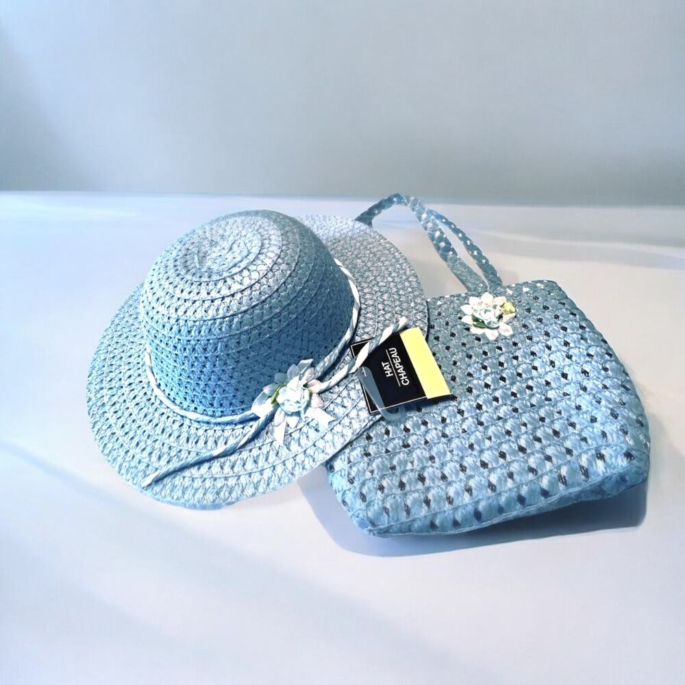 Girls Sun Hat And Purse Blue Woven Straw With Spring Flower Details Dress Up